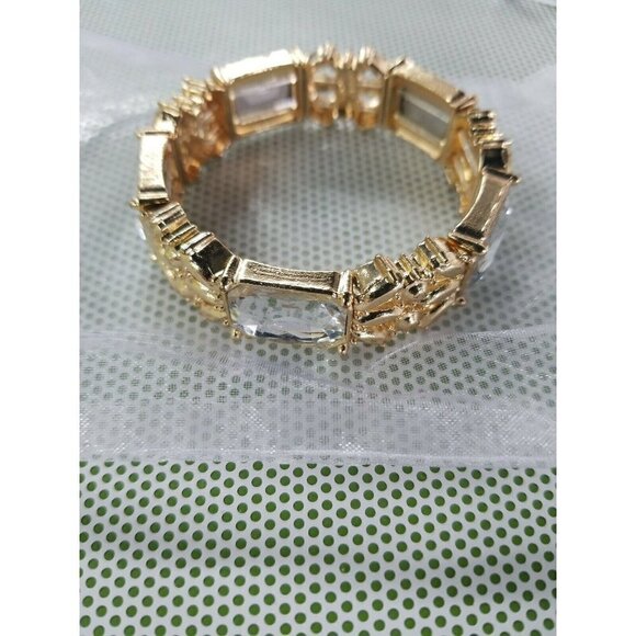 Gold Tone Chunky Stretch Bracelet Rhinestone Statement Jewelry - Picture 1 of 4